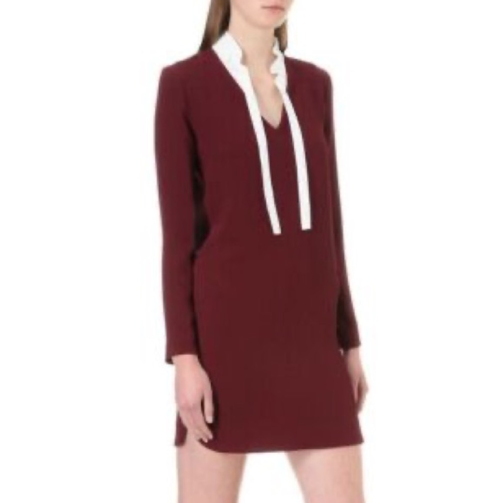 Sandro Ellen Ruffle Collar Textured Dress in Bordeaux/White 2